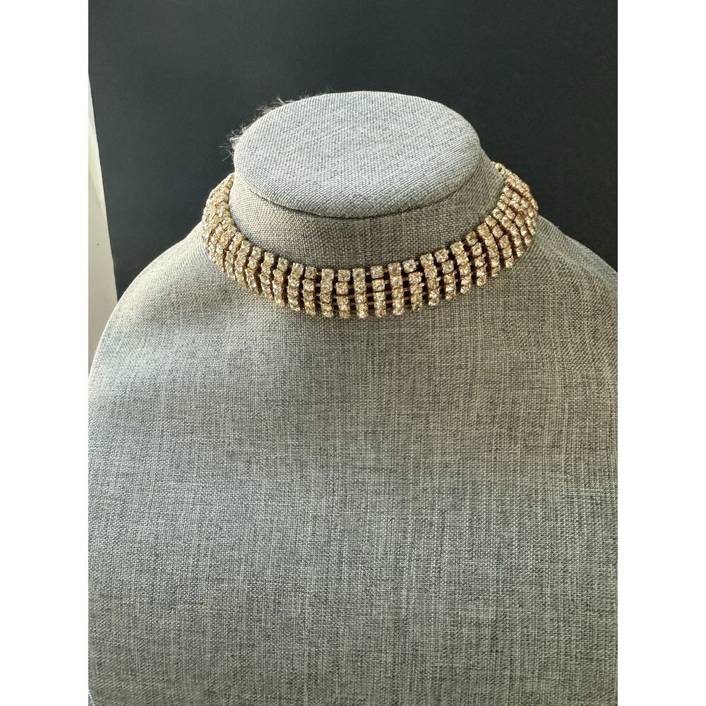 Vintage Rhinestone Collar Bib Necklace Gold Tone Cocktail Wedding Formal 15”
